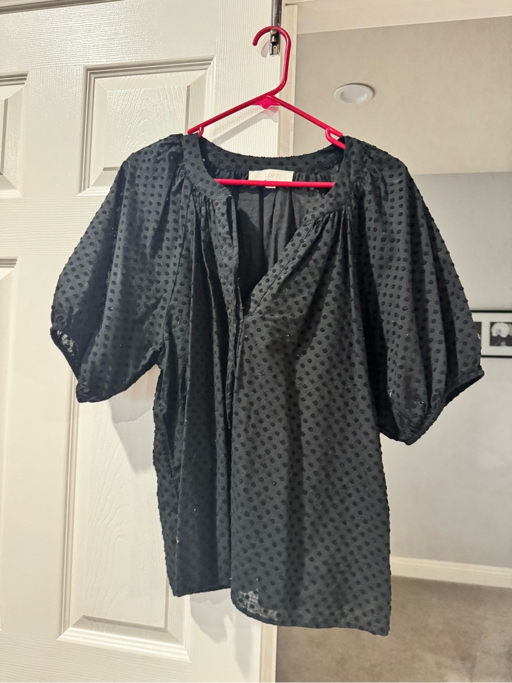 LOFT Black Textured Swiss Dot Puff Sleeve Top
